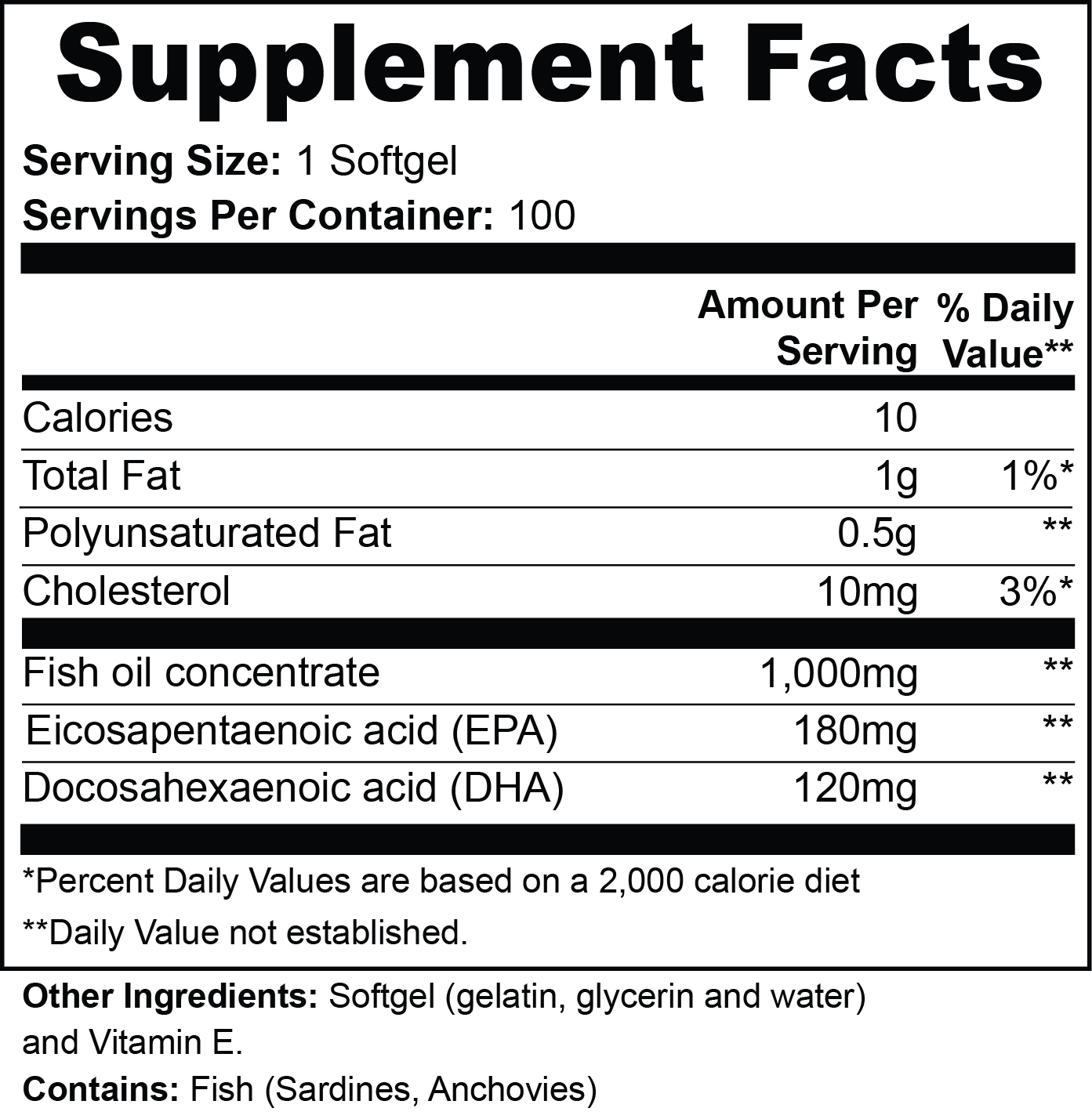 Omega-3 Fish Oil Concentrate with 180mg EPA and 120mg DHA - 100 Softgels
